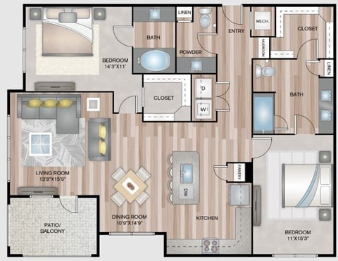 Floor plan for 2 beds, 2 baths, 1303 sqft